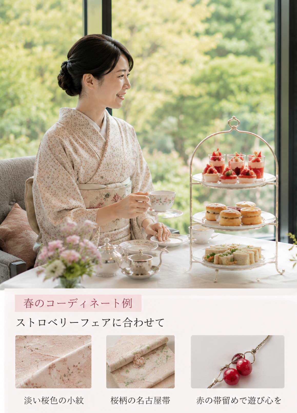 アフタヌーンティーを楽しむ着物姿の女性。春のストロベリーフェアに合わせ、淡い桜色の小紋に桜柄の名古屋帯を締め、赤いサクランボの帯留めを合わせた春の着物コーディネート例。全体的に桜色で統一された上品で愛らしい装い。
A woman enjoying afternoon tea in a kimono, showcasing a spring-themed coordination. She wears a light cherry blossom-colored komon kimono paired with a cherry blossom patterned Nagoya obi and a playful red cherry-shaped obi-dome (sash clip). The outfit is perfectly curated for a spring strawberry afternoon tea event, reflecting elegance and seasonal charm.