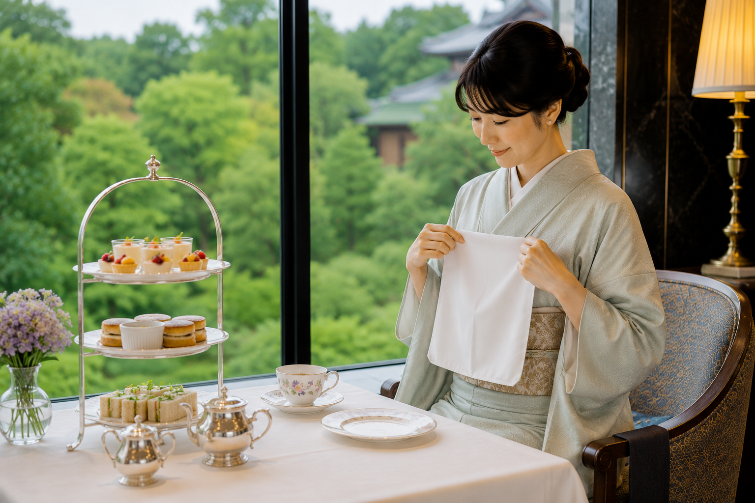 アフタヌーンティーを楽しむ着物姿の女性。着物を汚さないための所作として、美しく広げたナプキンを膝にかける前の様子。伝統的な和装で洋風のティータイムを快適かつ優雅に過ごすためのマナーを伝える図解。
A woman in a kimono preparing to place a napkin on her lap before enjoying afternoon tea. This demonstrates the graceful etiquette and proper "shosa" (refined movements) essential for keeping a kimono clean while dining, highlighting the blend of traditional Japanese manners and modern luxury tea experiences.