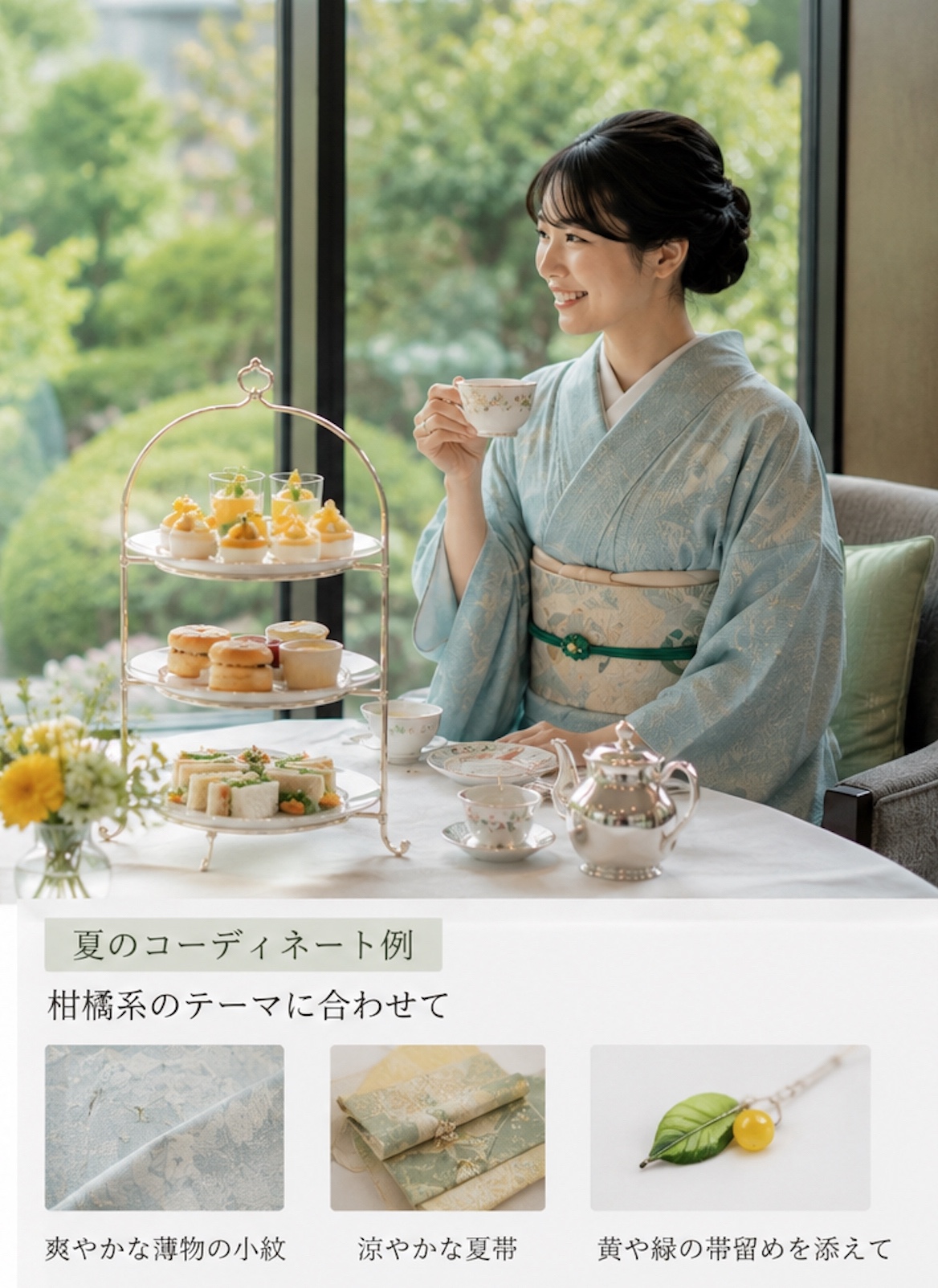 アフタヌーンティーを楽しむ着物姿の女性。夏の柑橘系をテーマにしたフェアに合わせ、爽やかな水色の薄物の小紋に、涼しげな夏帯をコーディネート。帯締めには黄と緑の実のような帯留めを添え、夏らしい清涼感と遊び心を表現した着物スタイル。
A woman enjoying afternoon tea in a summer-themed kimono coordination. She wears a refreshing light blue "usumono" (sheer summer komon) paired with a cool-toned summer obi. The look is accented with a yellow and green fruit-shaped obi-dome (sash clip), perfectly matching the citrus-themed afternoon tea for a sophisticated and breezy summer style.