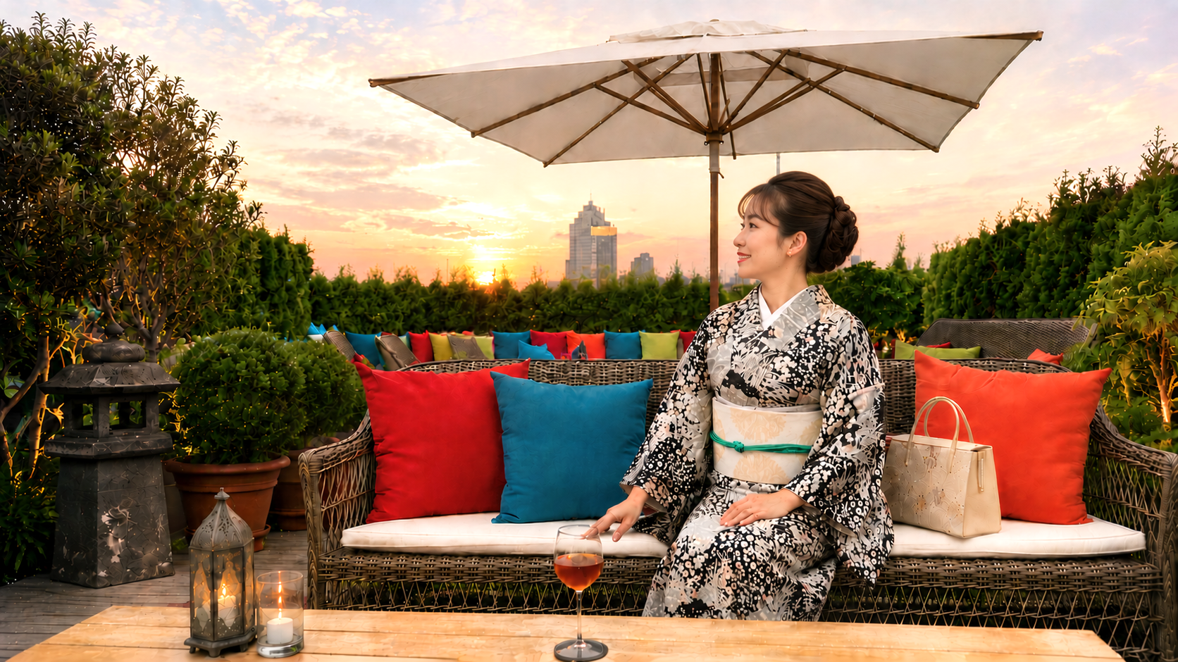 東京エディション銀座のルーフトップ「ザ・ルーフ」のソファ席で、夕暮れ時のパノラマビューを背景に優雅にくつろぐ着物姿の女性。しょうざんの茶屋辻の着物を着て、和の伝統美と都会の洗練された雰囲気が融合した、贅沢な時間を表現しています。A woman in an elegant Japanese kimono sits on a lounge sofa on the rooftop terrace of The Tokyo EDITION, Ginza, during sunset, offering a panoramic city view. She wears a sophisticated black kimonos with delicate floral patterns, perfectly blending traditional Japanese beauty with a modern urban atmosphere.