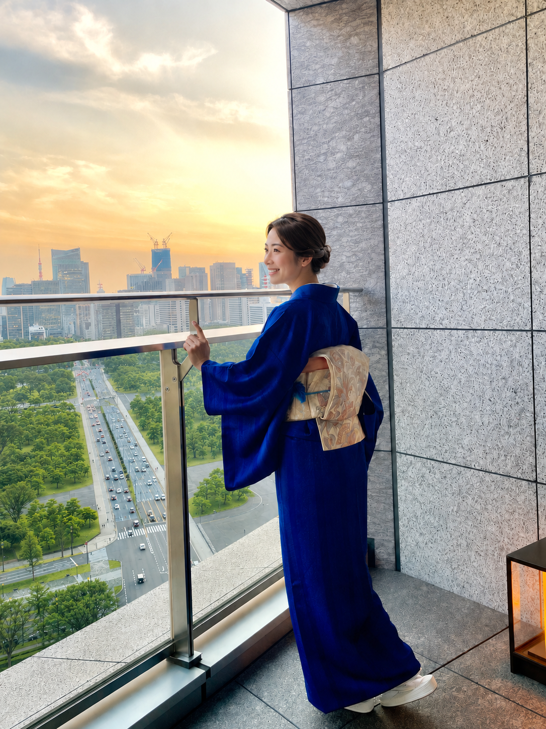 パレスホテル東京のテラスで夕景を望む、前田仁仙のロイヤルブルーの鳳凰文着物の女性。
Woman in a royal blue phoenix-pattern kimono on the terrace at Palace Hotel Tokyo, overlooking the Tokyo skyline at sunset