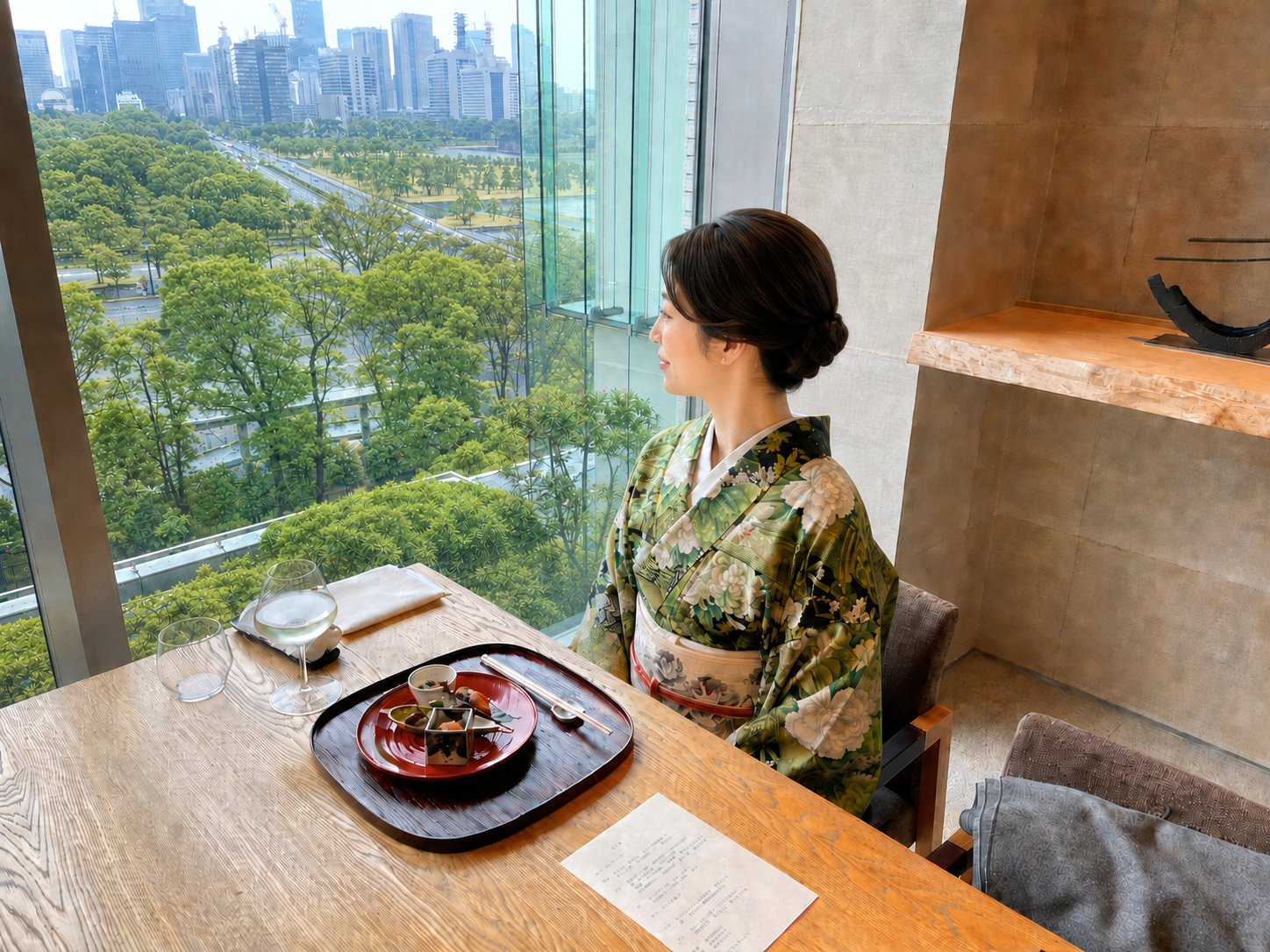 パレスホテル東京・和田倉の個室で皇居外苑を望む花柄着物の女性と日本料理。
Woman in a floral kimono enjoying Japanese cuisine in a private room at Wadakura, Palace Hotel Tokyo, overlooking the Imperial Palace Outer Gardens