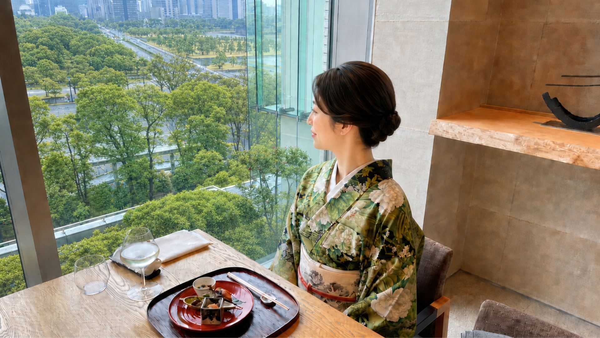 パレスホテル東京の日本料理・和田倉で皇居外苑を望む花柄着物の女性。
Woman in floral kimono dining at Wadakura, Palace Hotel Tokyo, overlooking the Imperial Palace Outer Gardens